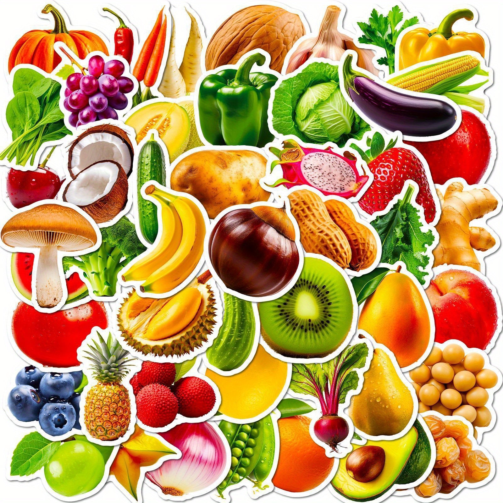 50pcs Fruit & Veggie Vinyl Stickers for Laptops Water Bottles