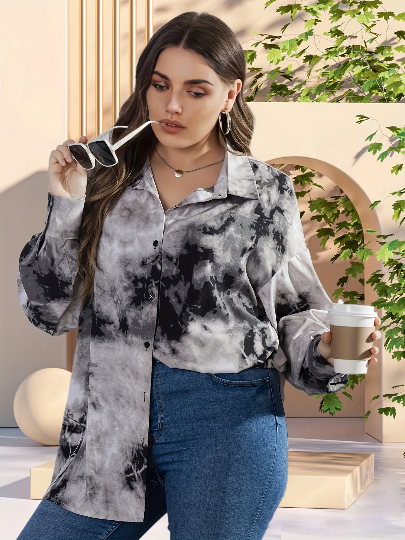 Tie Dye Button Up Lantern Sleeve Blouse
