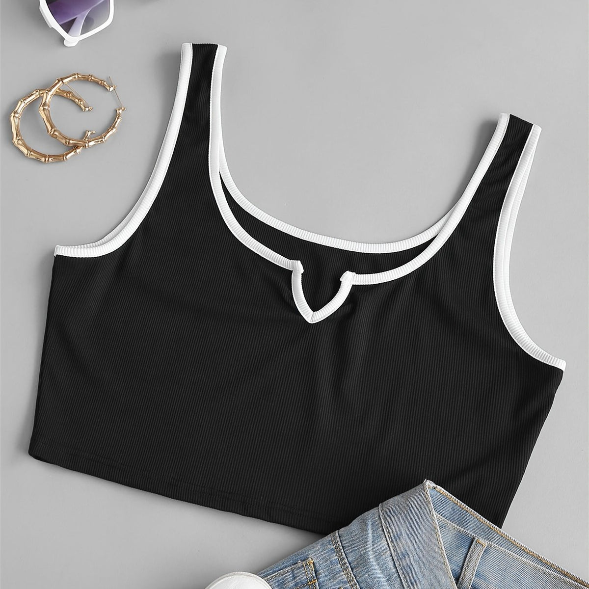  Y2K Colorblock Ribbed Notched Neck Crop Top Women's Plus