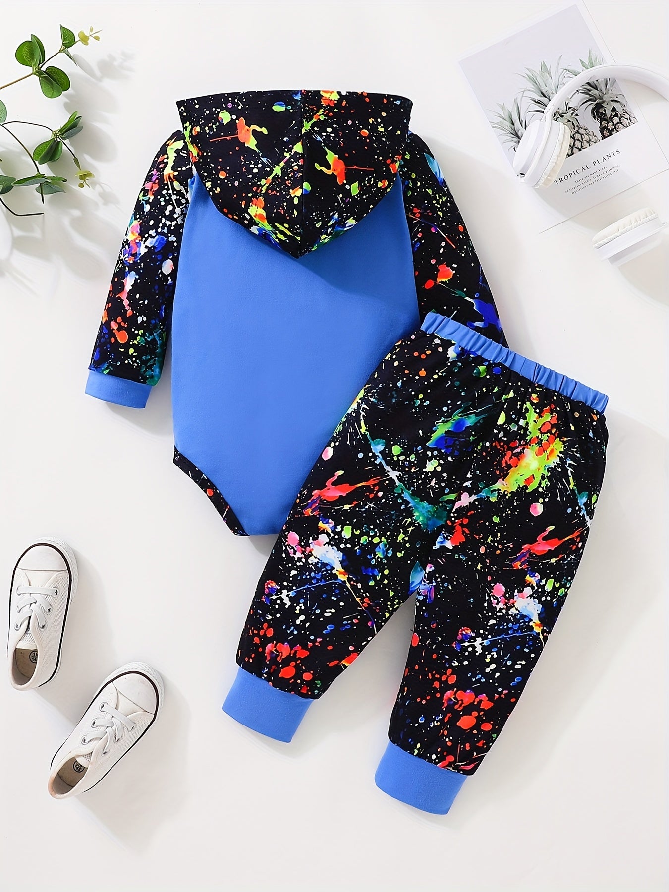 Baby Boy's Graffiti Print Triangle Hoodie Romper & Pants