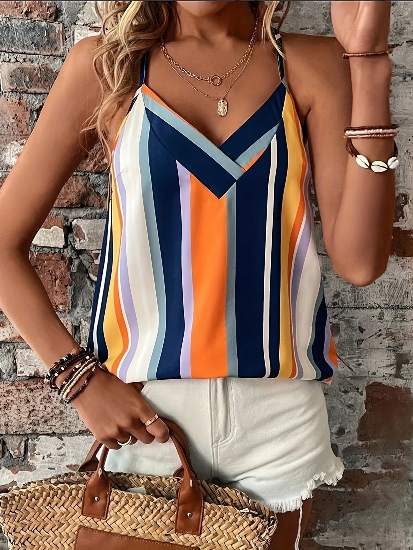  Colorblock Stripe V Neck Tank Top