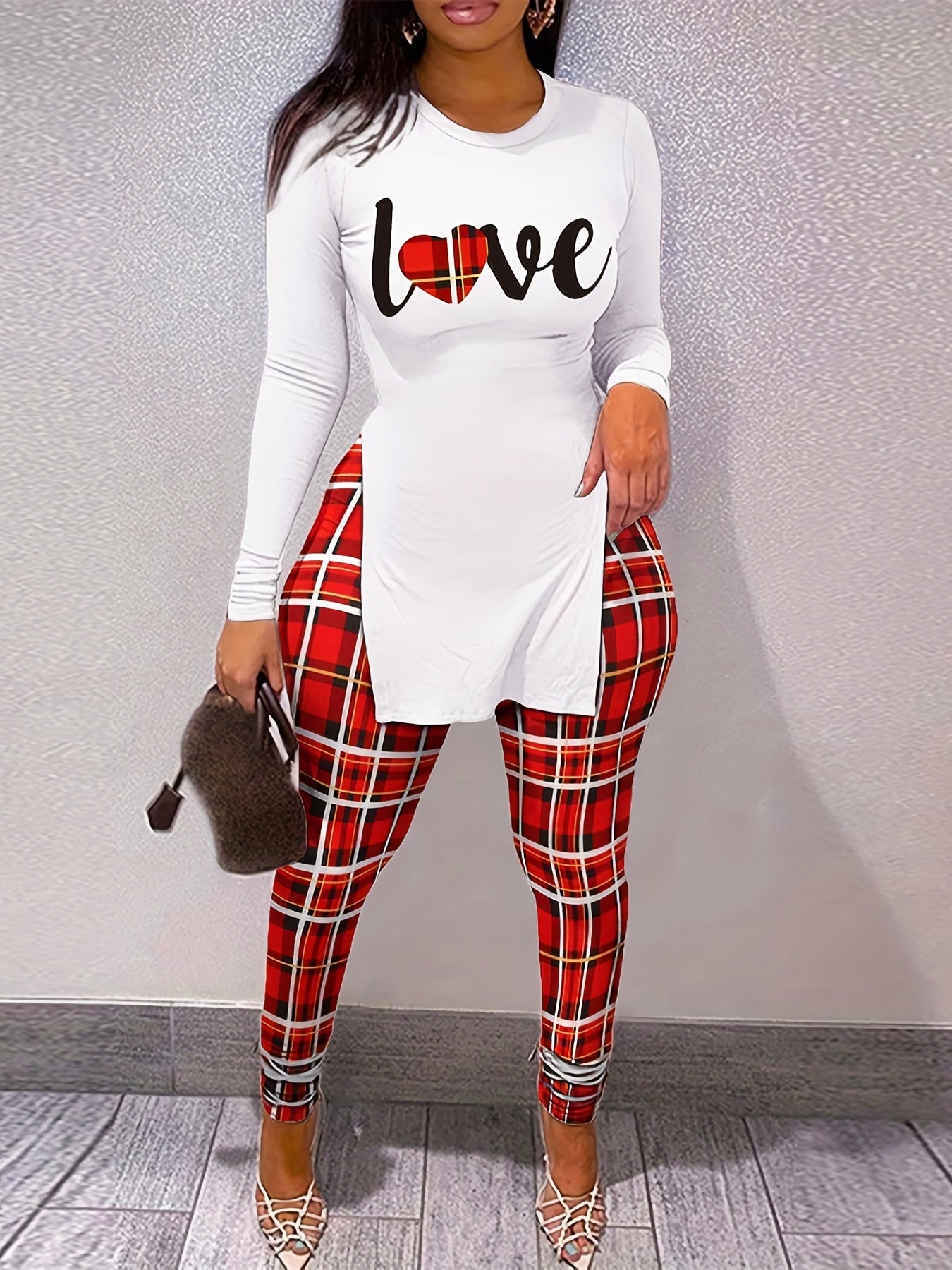  Plaid Heart & Letter Print Top & Leggings Set
