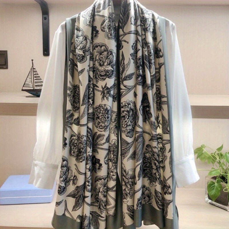 Vintage Peony Print Long Scarf Classic Large Shawl Oversized