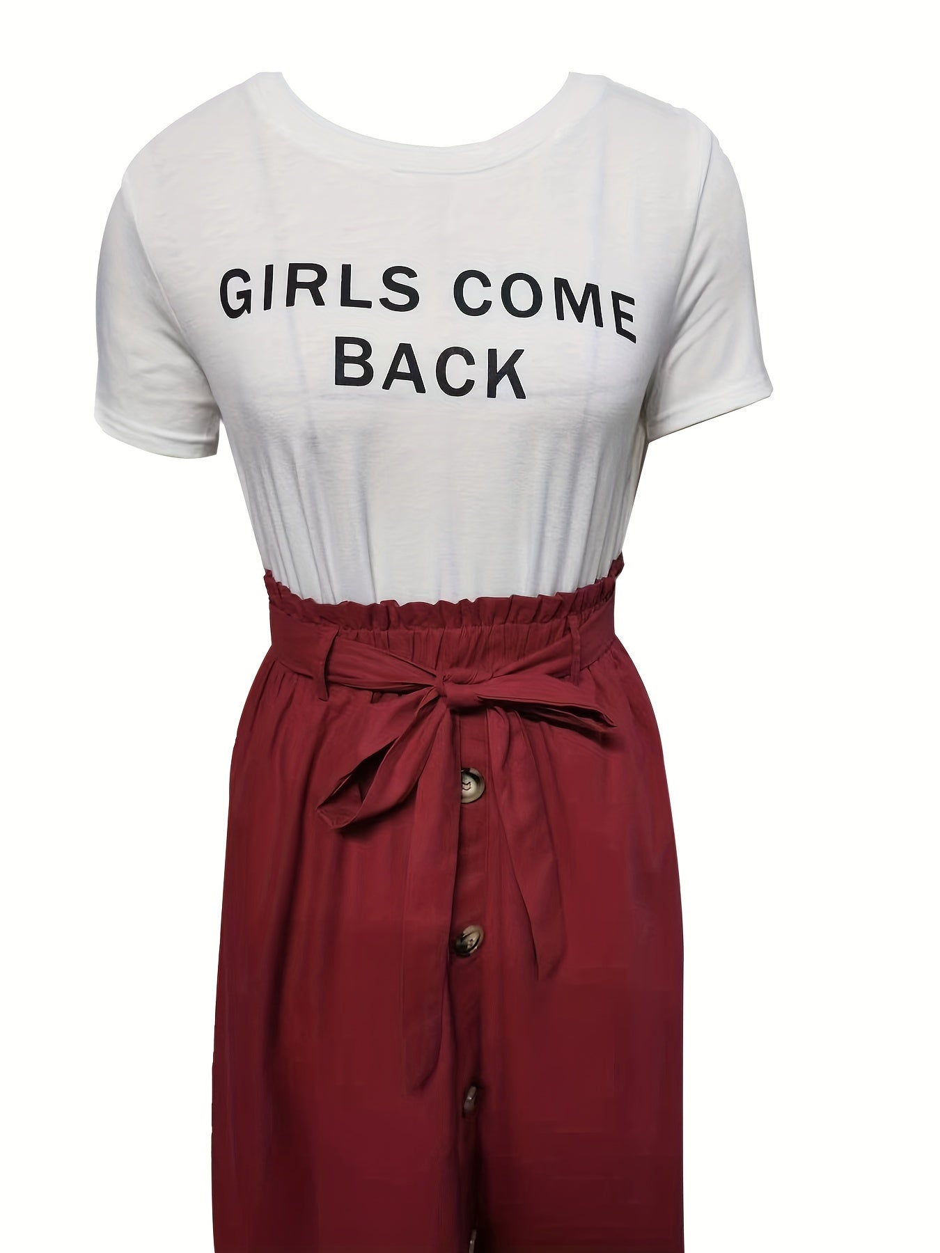 Letter Print T-shirt & Button Front Midi Skirt Set
