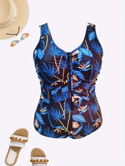  Boho Swimsuit Women's Tropical Print Ruched One Piece