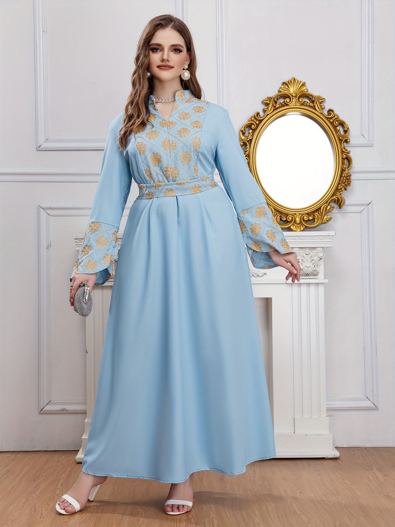  Abaya Dress Women's Plus Golden Floral Print Bell Sleeve Stand Collar