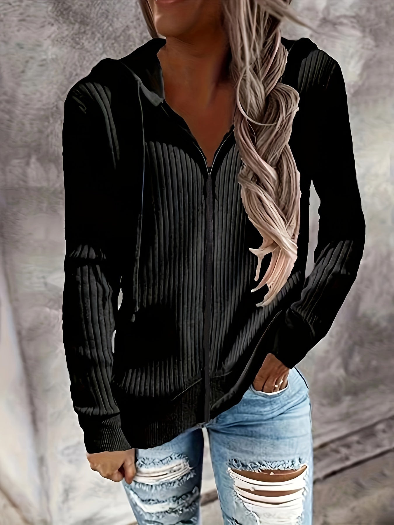  Casual Knit Top Women's Plus Solid Ribbed Zip Up Long Sleeve
