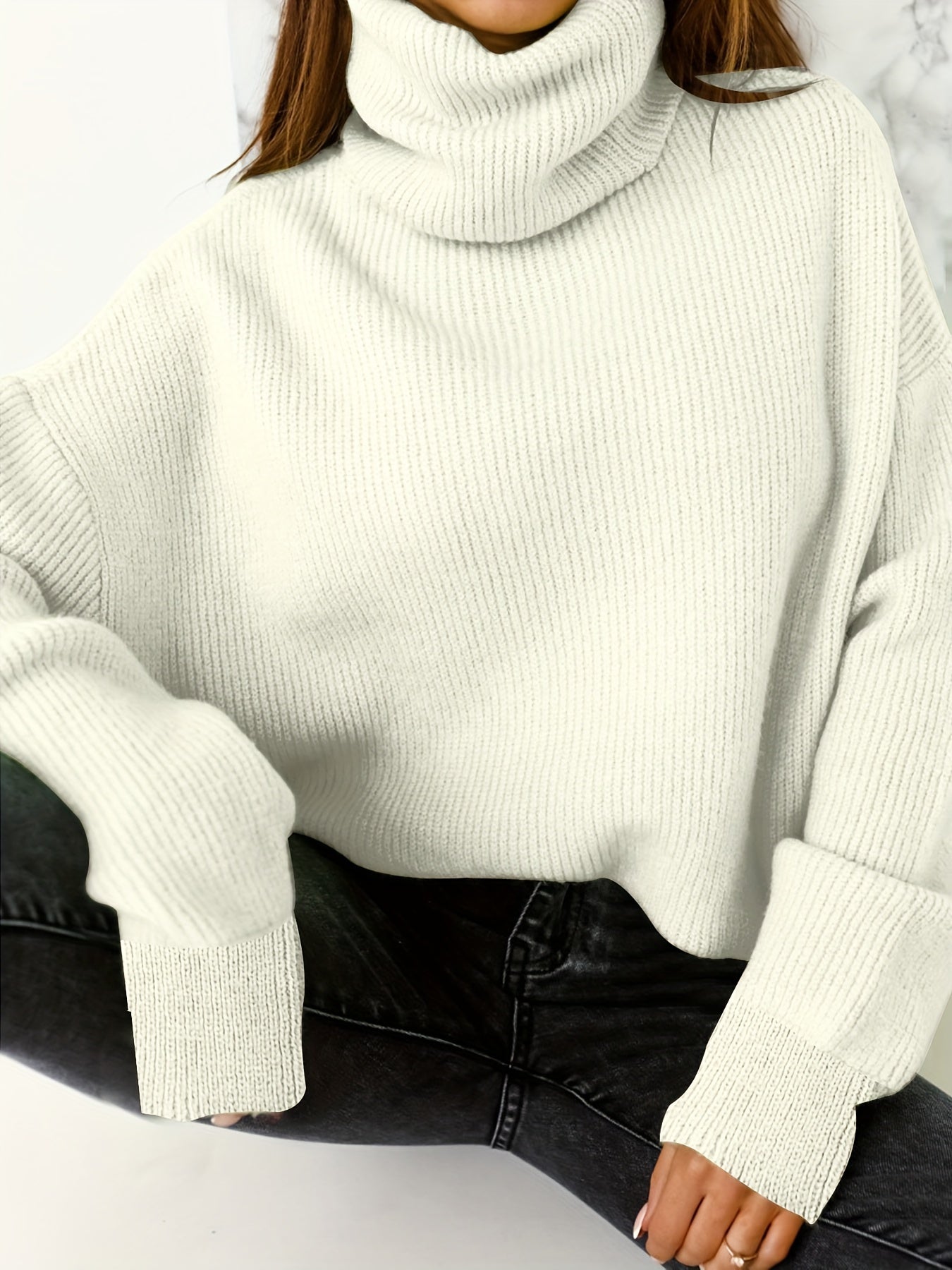  Casual Sweater Women's Plus Solid Long Sleeve Turtle Neck