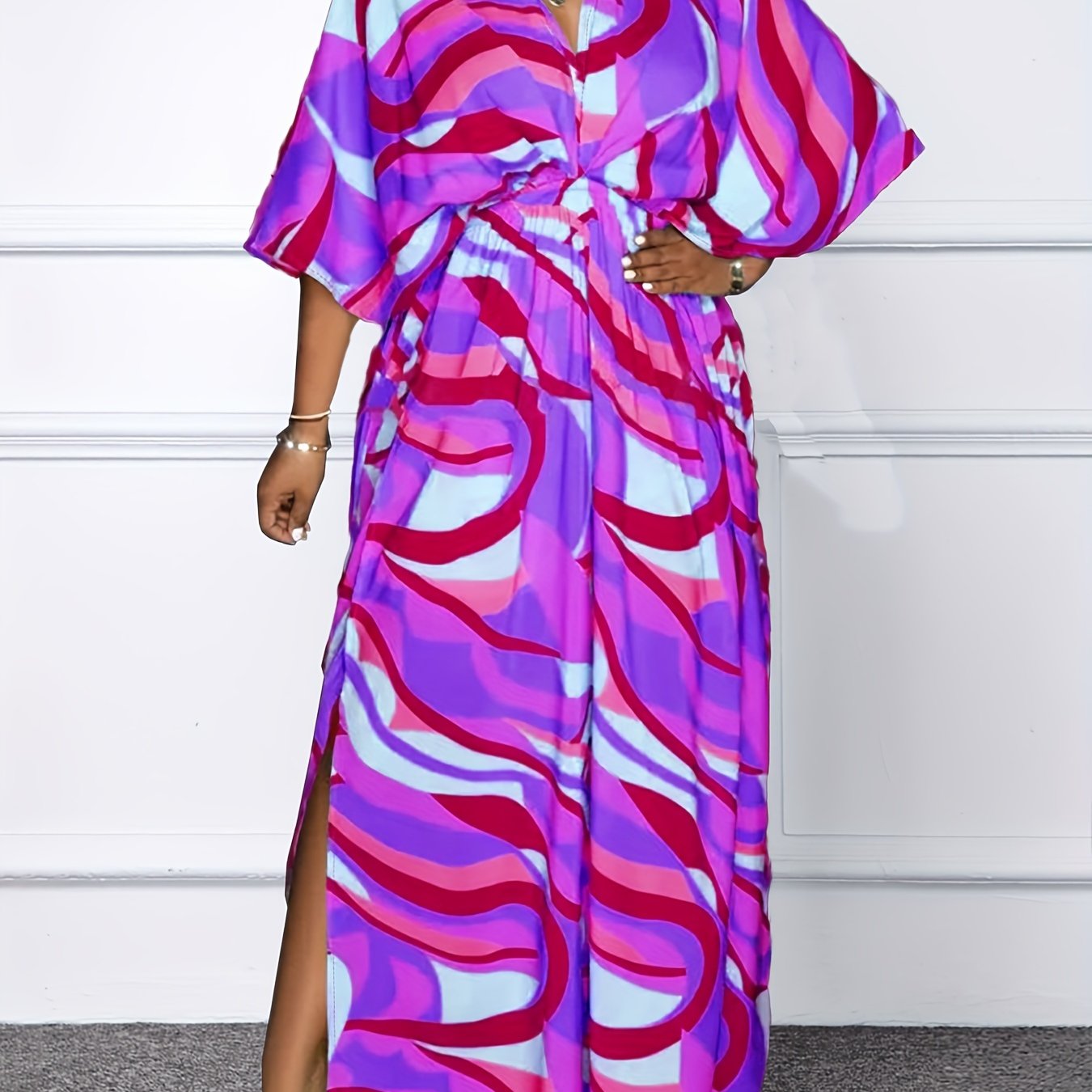  Boho Dress Women's Plus Stripe Print Batwing Sleeve Maxi Dress