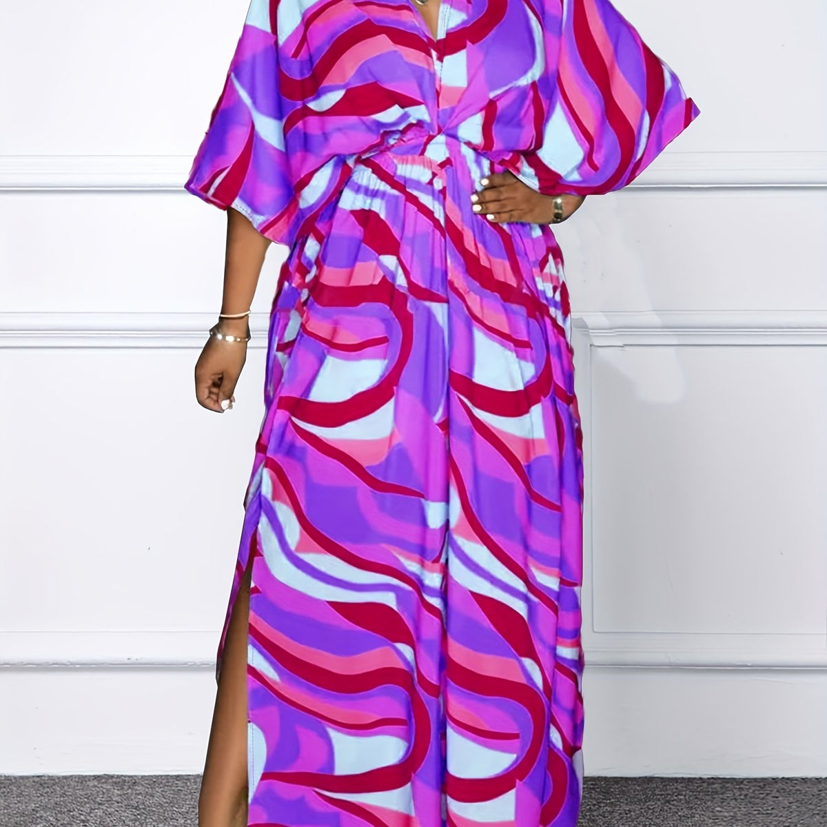  Boho Dress Women's Plus Stripe Print Batwing Sleeve Maxi Dress