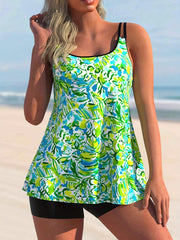 Floral Print Plus Size Tankini Set - Round Neck Top & Shorts Swimsuit