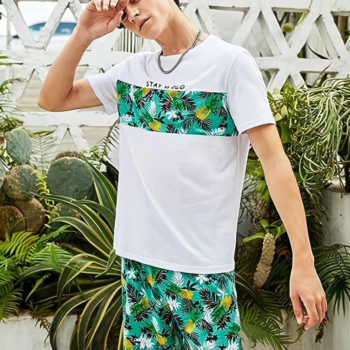 Coconut Tree Print T-shirt & Drawstring Shorts Set for Men