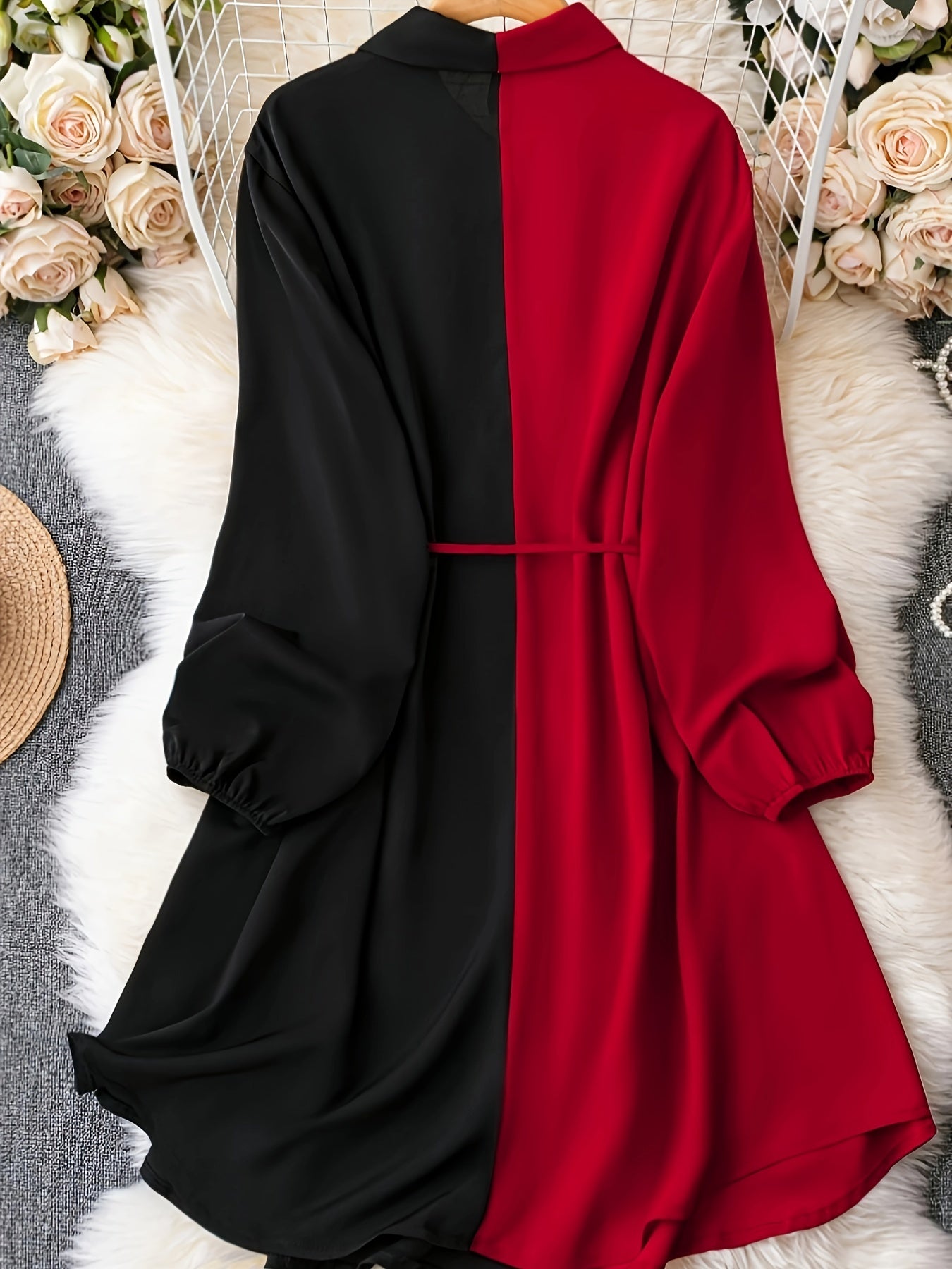 Colorblock Lantern Sleeve Shirt Dress