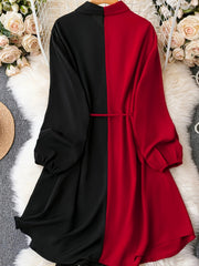  Colorblock Lantern Sleeve Shirt Dress