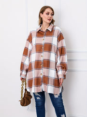  Plaid Print Button Up Long Sleeve Tunic Shirt Top