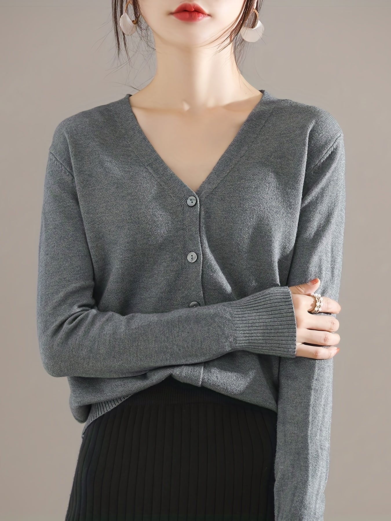 V Neck Solid Long Sleeve Cardigan for Women