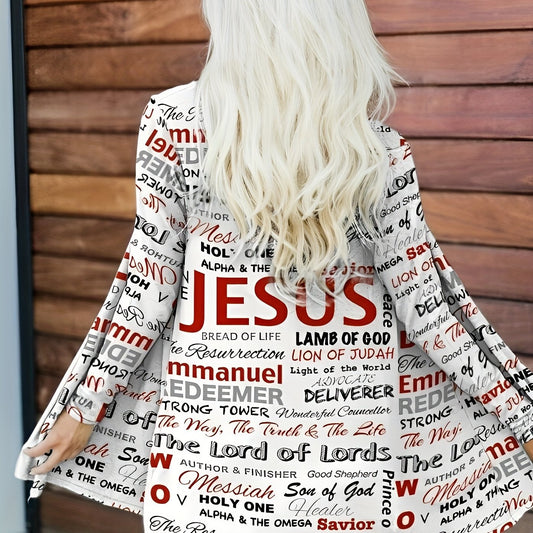  Letter Print Open Front Cardigan
