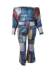  Denim Off Shoulder Lantern Sleeve Jumpsuit