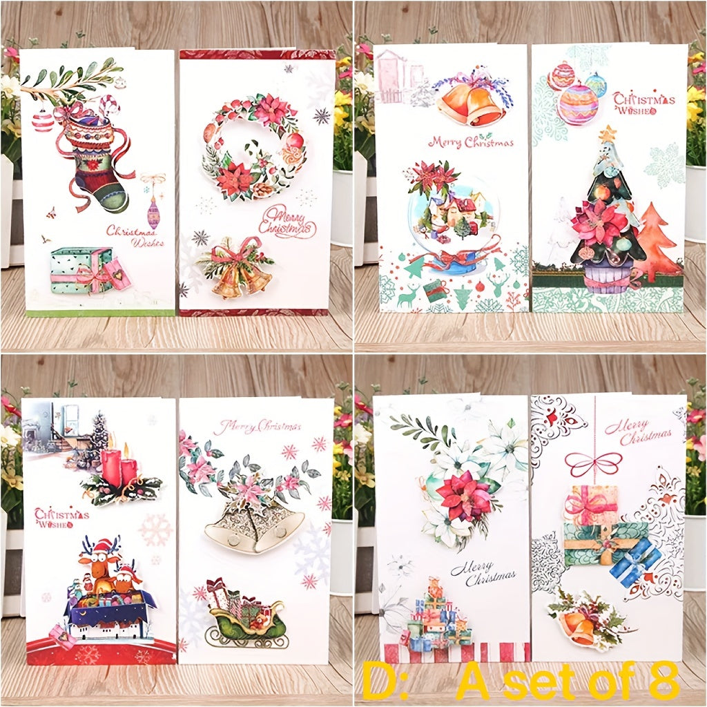 8pcs Christmas Greeting Card Set w/ Envelopes 3D Congratulation Card
