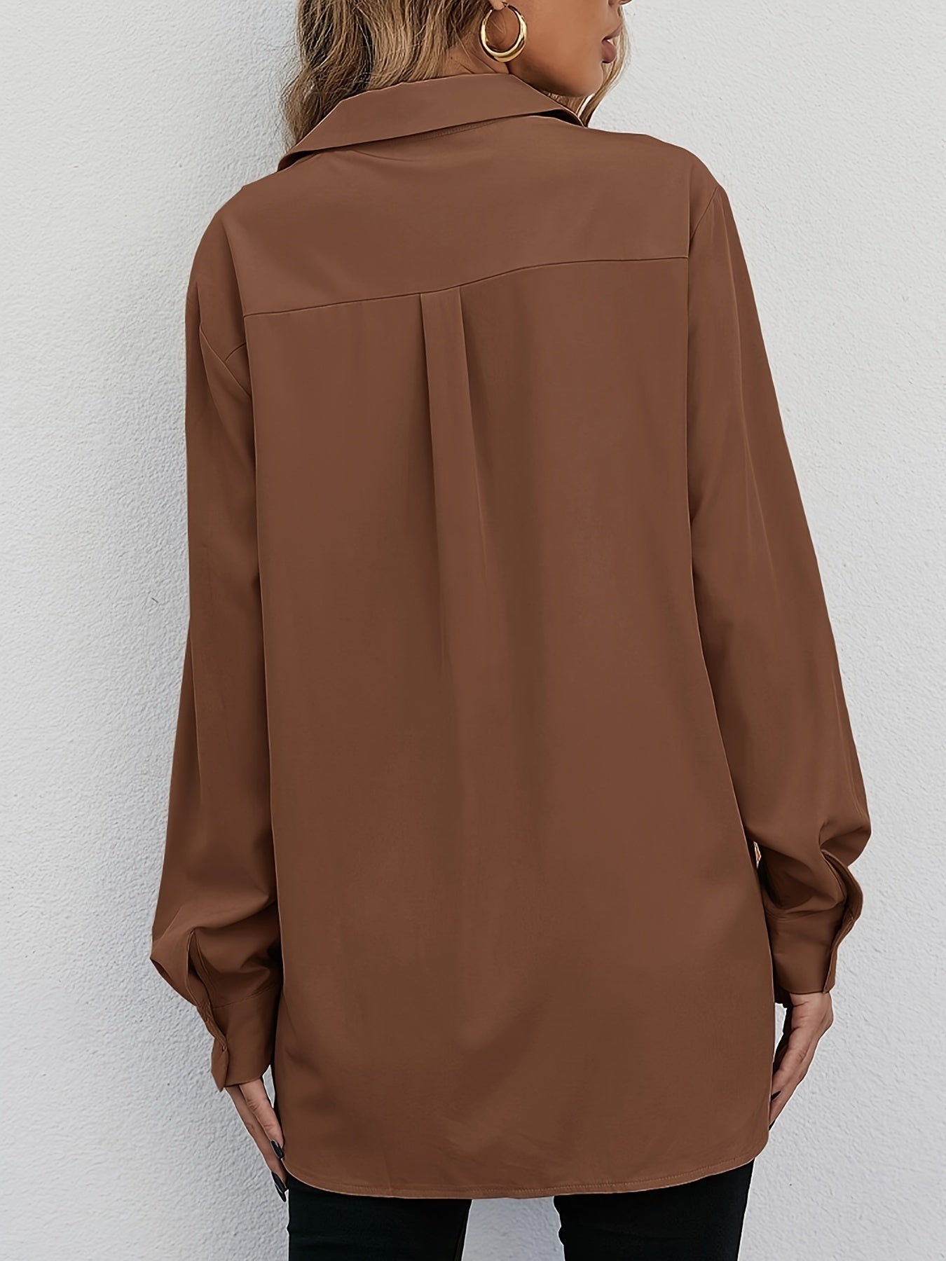  Solid Long Sleeve Button Up Collar Shirt Top
