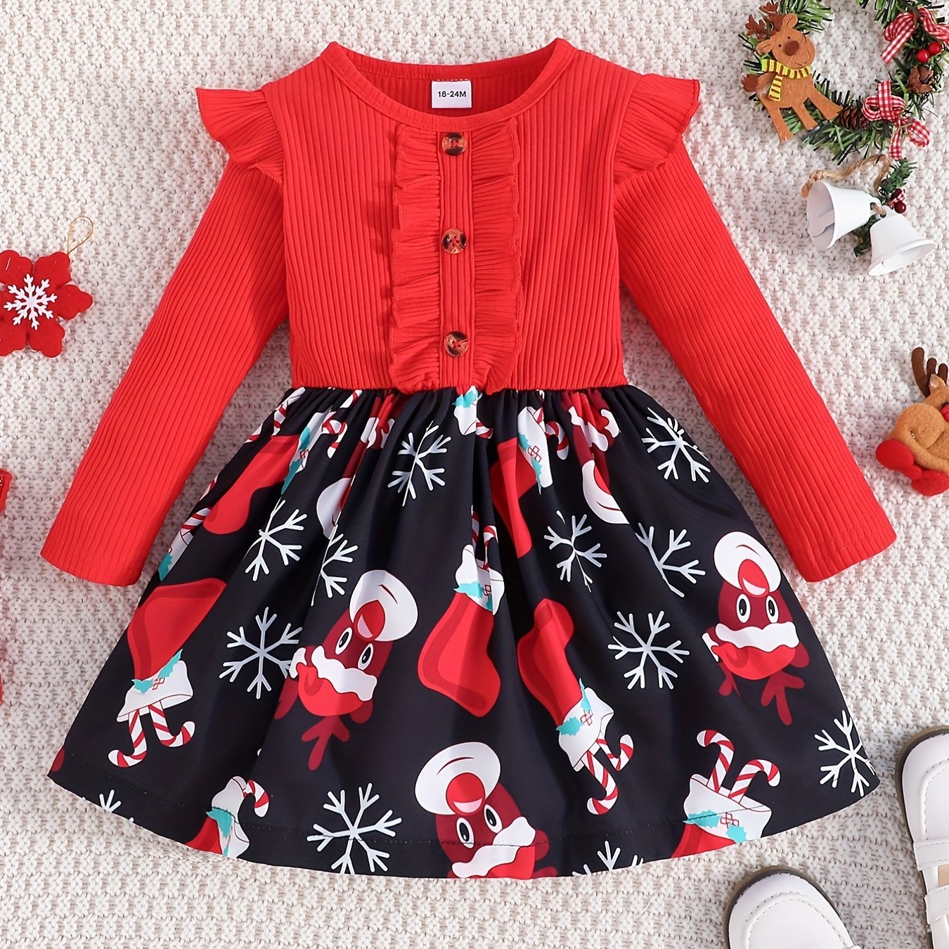 Toddler Girls Elk Print Cotton Dress Christmas