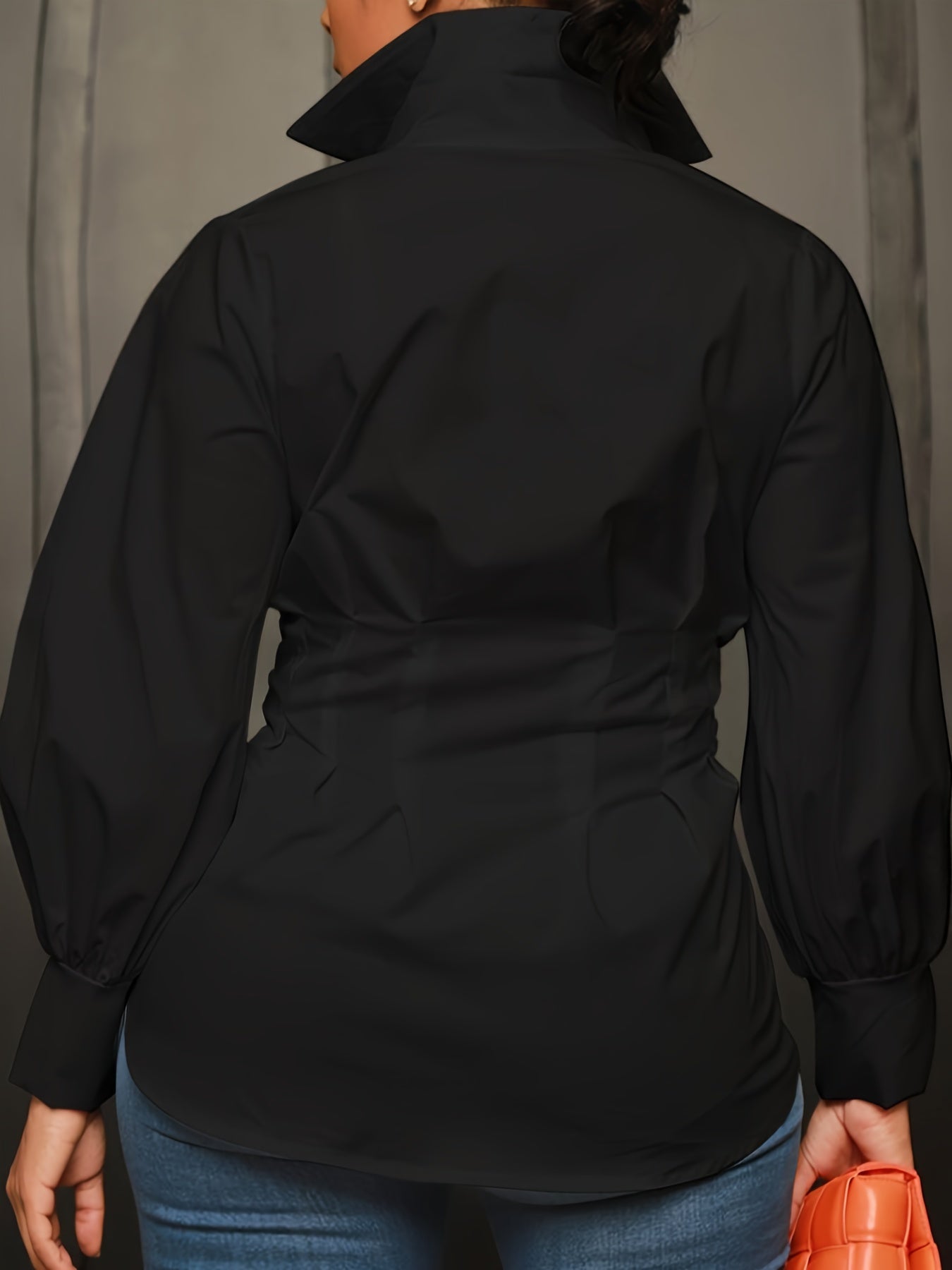  Solid Long Sleeve Button Up Collared Blouse