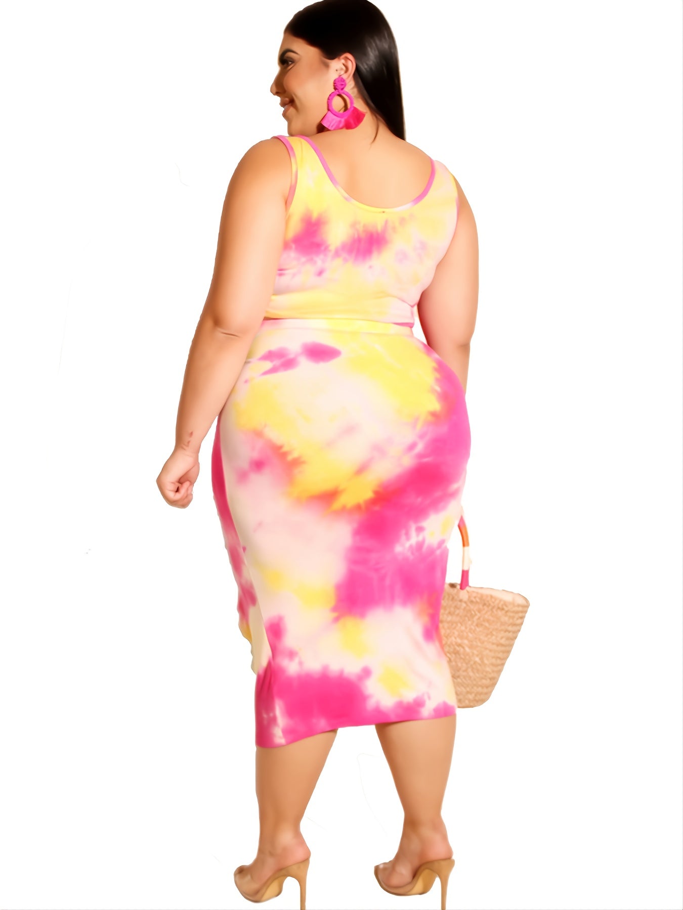  Tie Dye Tank Crop Top & Pencil Skirt Set Women's Plus High Stretch 2pc