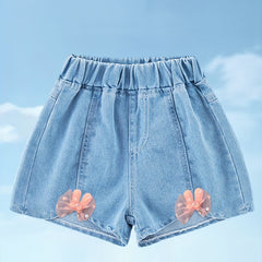 Girls' Bow Front Denim Shorts Elastic Waist