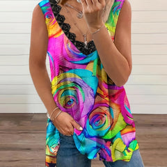 Colorful Rose Print Lace Trim V Neck Plus Size Tank Top