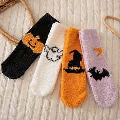 4 Pairs Pumpkin & Bat Print Socks & Funny Halloween Fuzzy Socks Women's