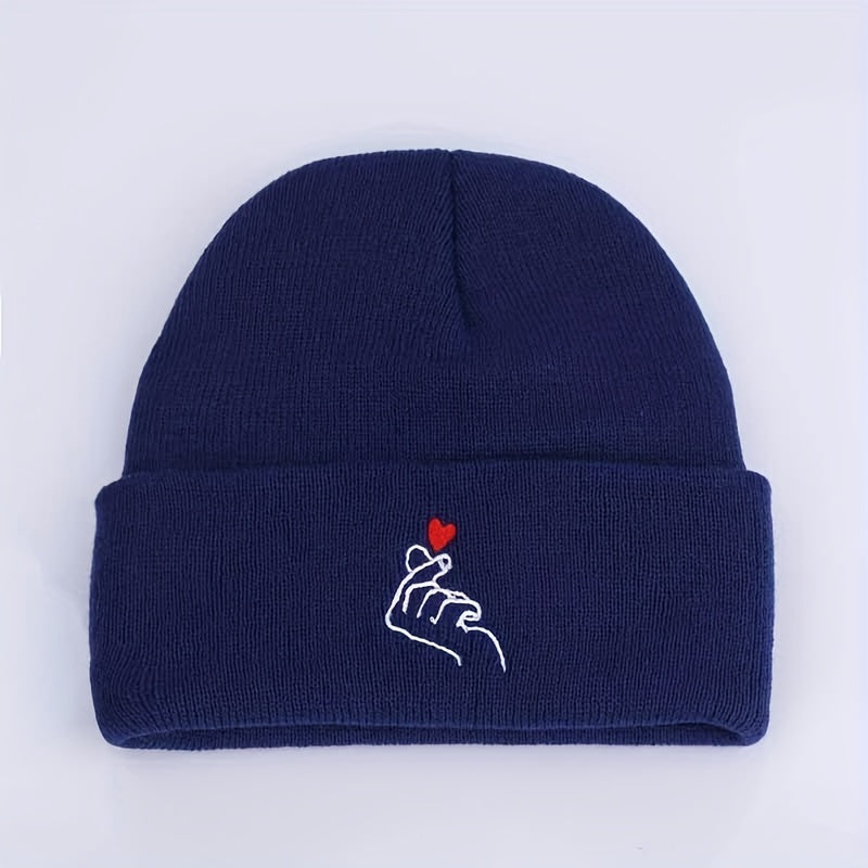 Love Gesture Embroidered Beanie Warm Skull Cap Couple Knit Hat