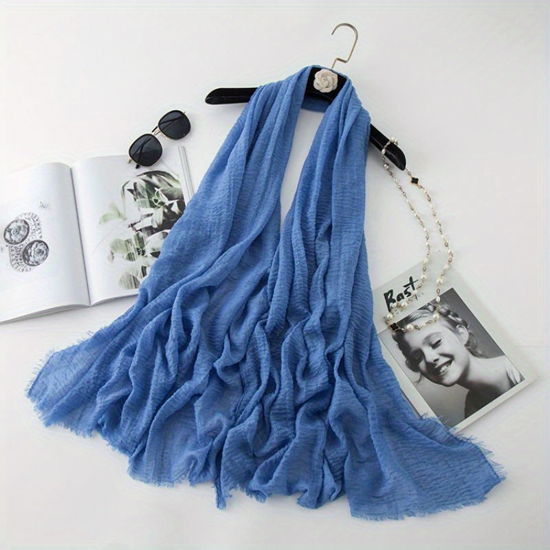 Solid Wrinkle Hijab Bandana Frayed Edge Shawl Head Wrap Scarf