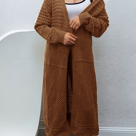  Solid Hollow Out Long Sleeve Open Front Long Cardigan