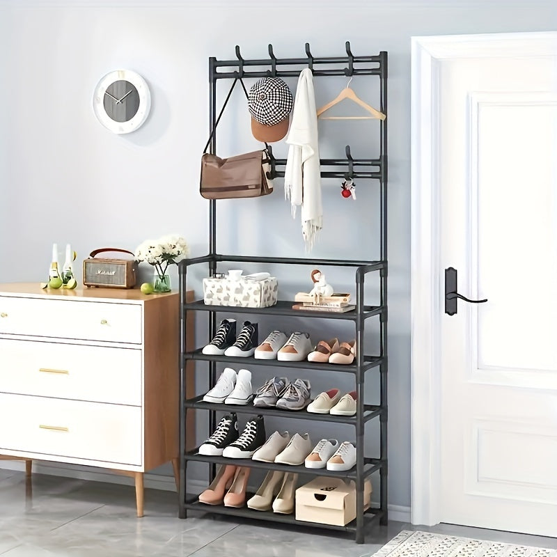 Carbon Steel Coat Rack Foyer Shoe Rack with 4 Shelves & 8 Hooks