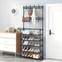 Carbon Steel Coat Rack Foyer Shoe Rack with 4 Shelves & 8 Hooks