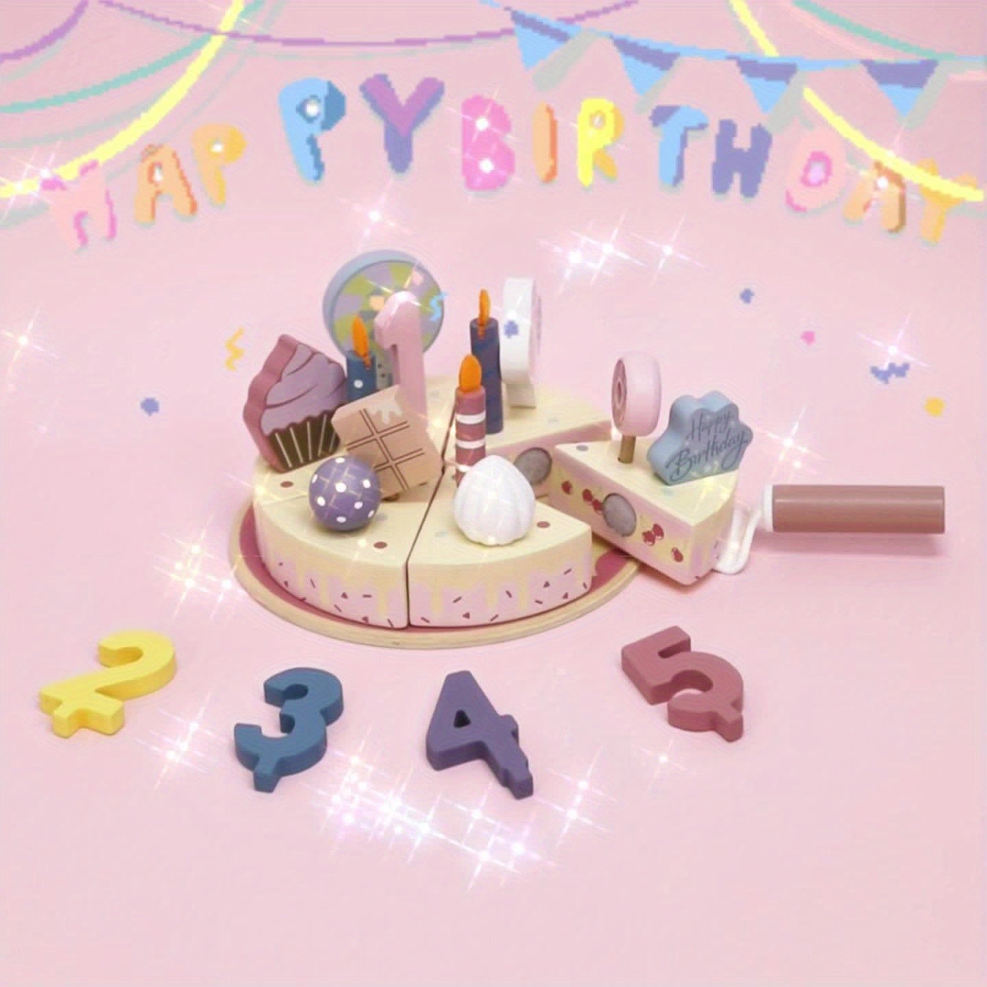 Wooden Birthday Cake Playset for Kids - Includes Candles, Cupcakes, Numbers