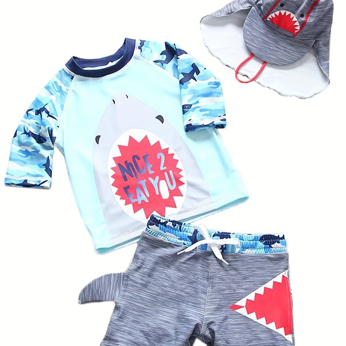 Boys Camo Swim Set Shark Graphic Top Shorts & Hat