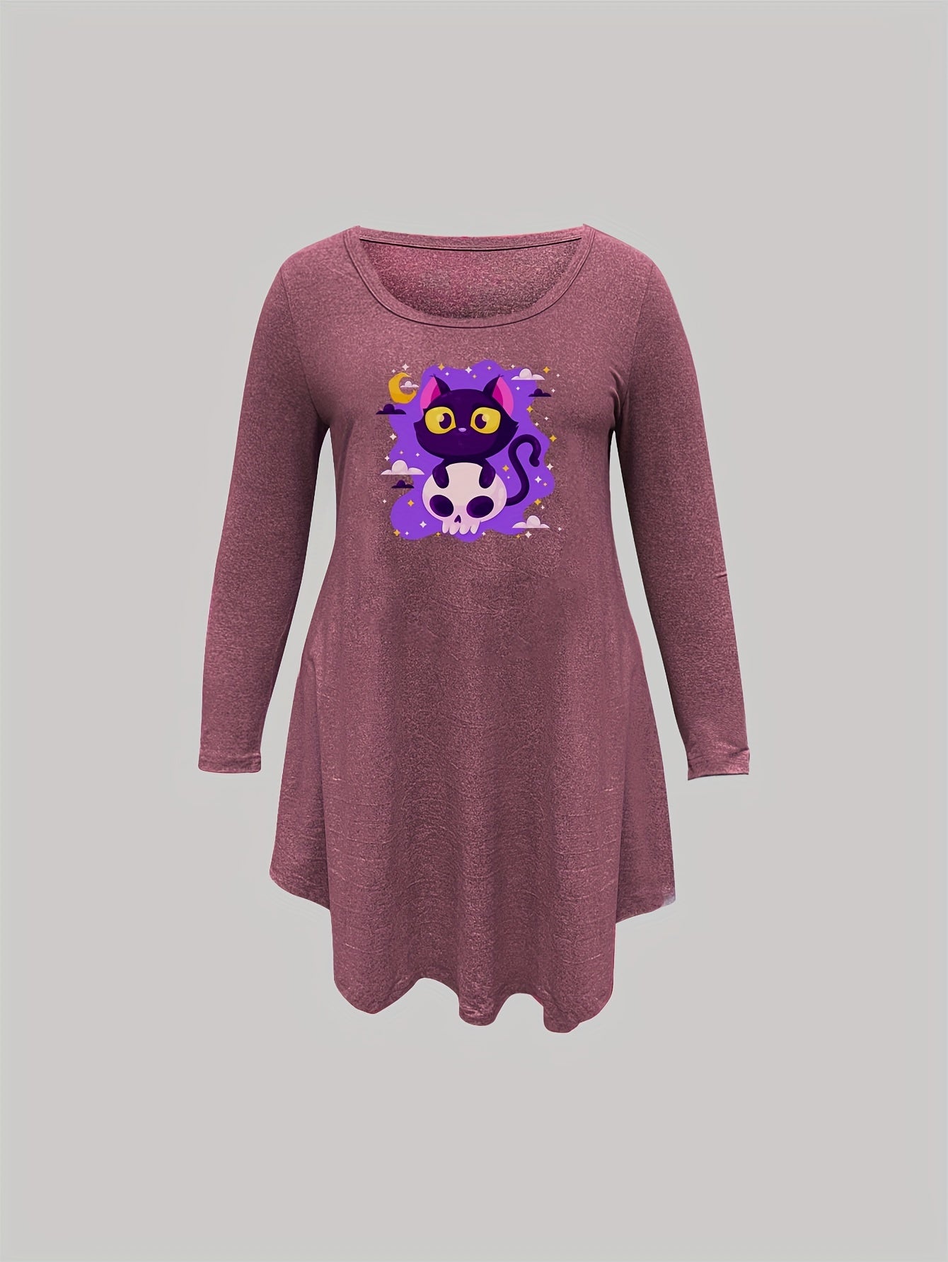  Cat & Skull Print Nightdress Long Sleeve Round Neck Sleep Dress