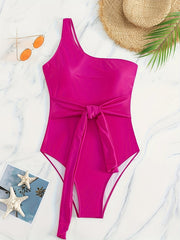  One Shoulder Knot Front Tummy Control Bathing Suit
