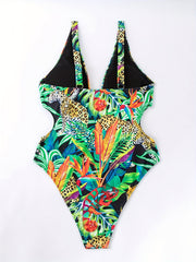 Leopard Print Plunge V Neck One Piece Swimsuit