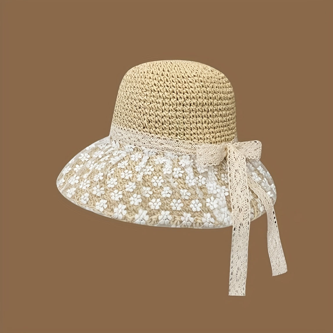 Lace Flower Brim Sun Hat Ribbon Bowknot Straw Hat