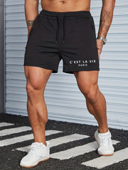 Men's Casual Letter Print Track Shorts Drawstring Waist Summer Workout Shorts