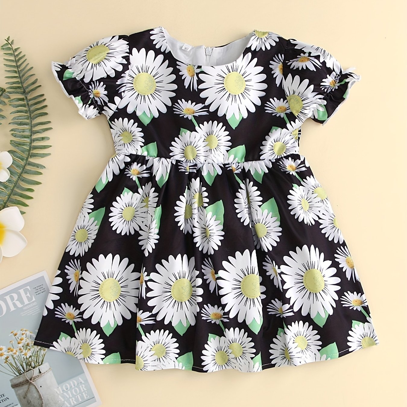 Girl's Flower Print Ruffle Short Sleeve Dress