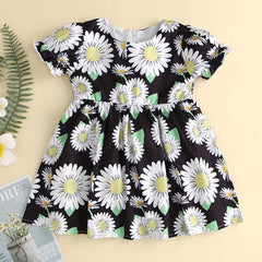Girl's Flower Print Ruffle Short Sleeve Dress