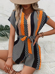Print V Neck Belted Romper Jumpsuit Women's Clothing