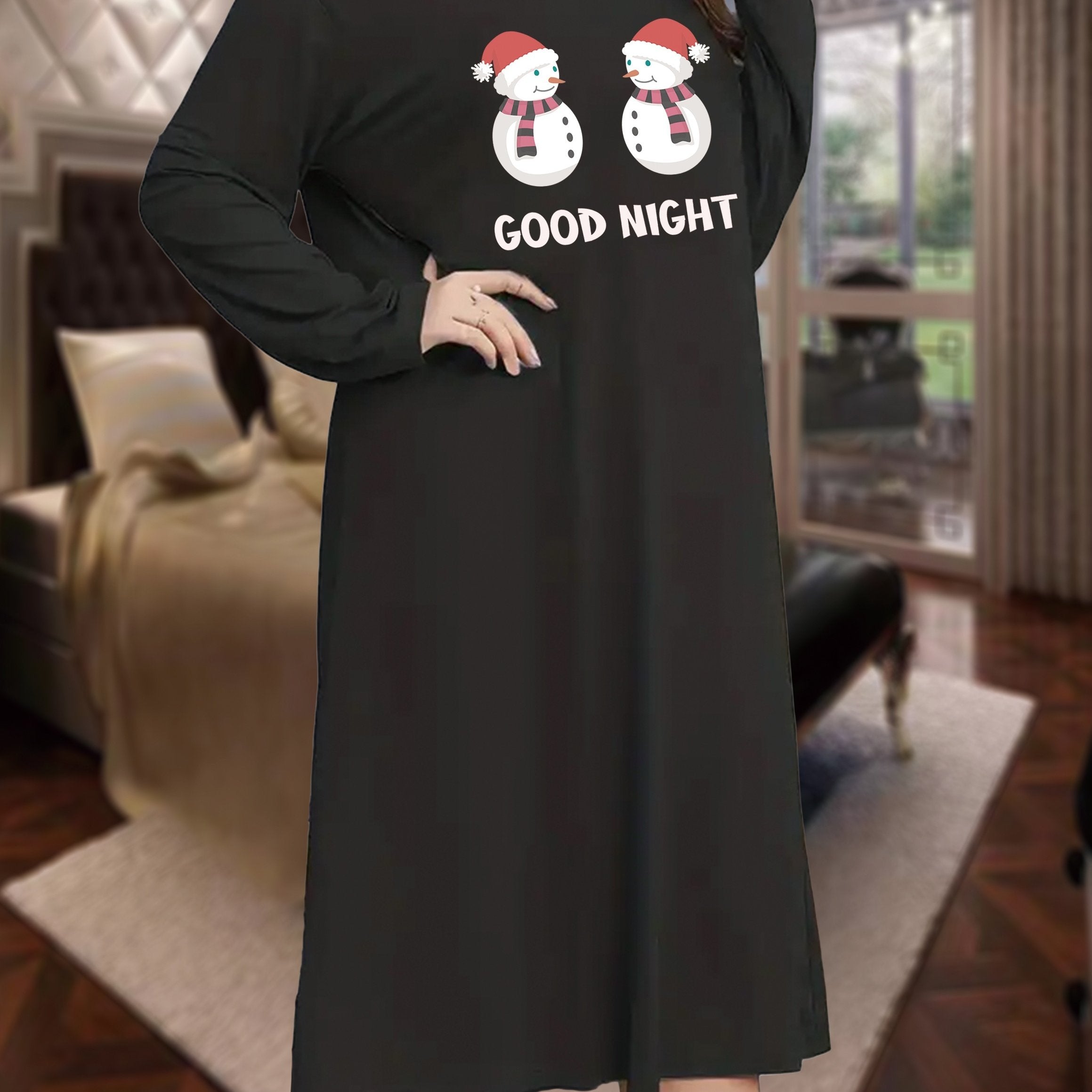  Christmas Nightdress Women's Plus Snowman & Letter Print Long Sleeve