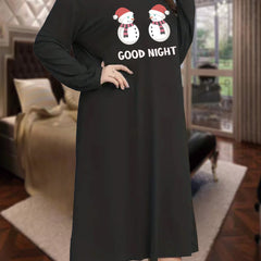  Christmas Nightdress Women's Plus Snowman & Letter Print Long Sleeve