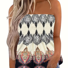 Ethnic Print Tube Top Sexy Shirred Ruffle Trim Summer Sleeveless Top