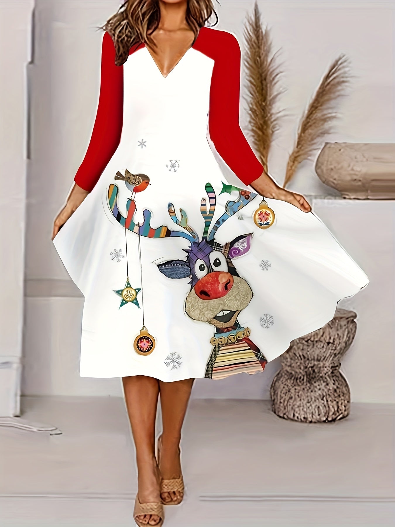  Colorblock Reindeer Print Long Sleeve V Neck Midi Dress