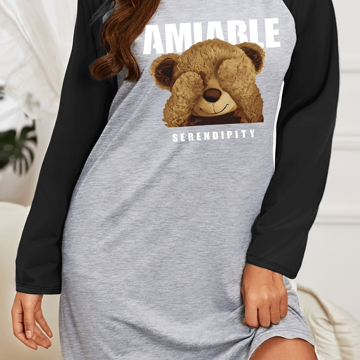  Cartoon Bear Print Raglan Sleeve Round Neck Tee Sleep Dress